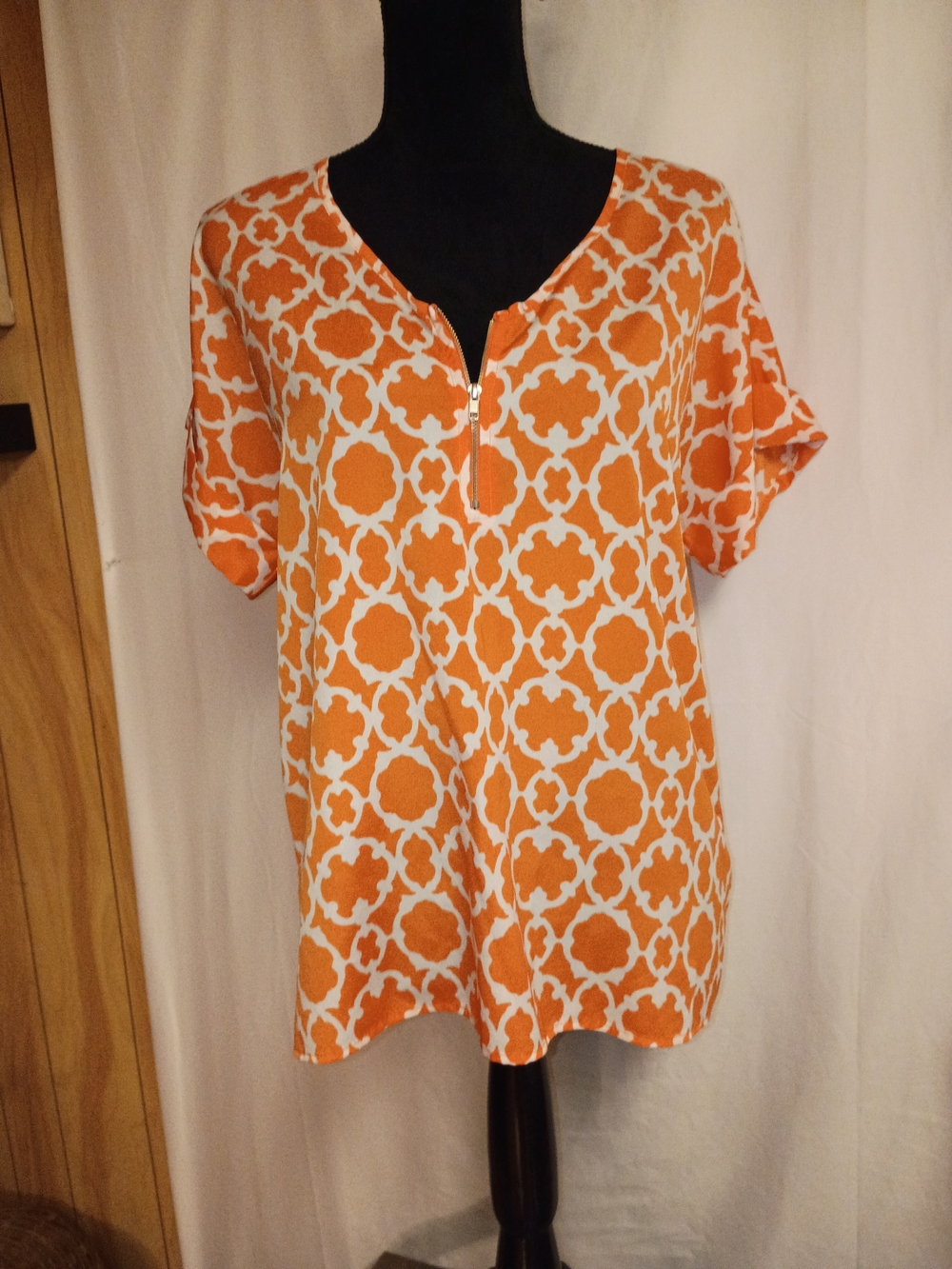 Orange and White Geometric Zip-Front Tunic Top